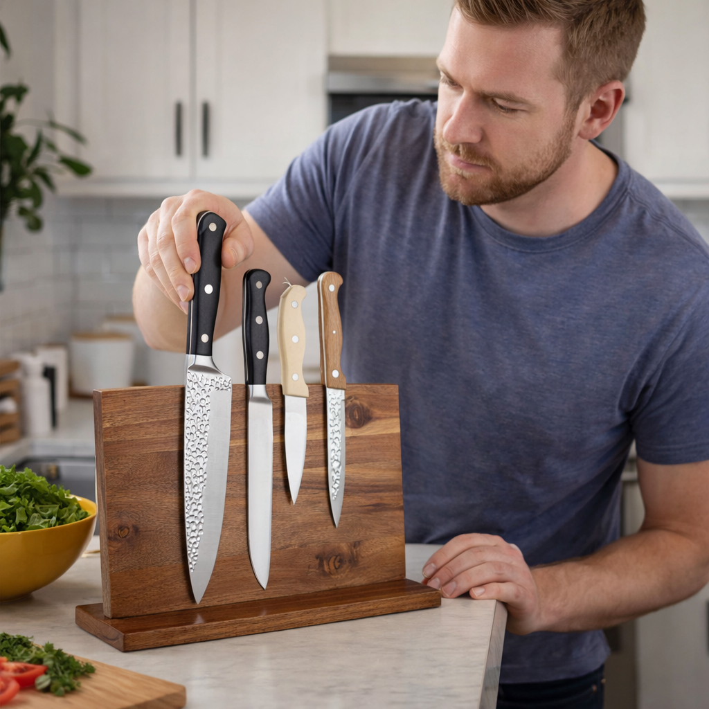 Magnetic Solid Wood Knife Sanctuary — Double-Sided Vertical Space Optimizer