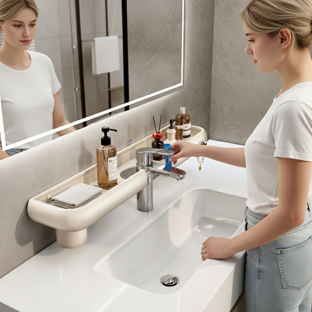 No-Drill Aluminum Bathroom Vanity Shelf with Built-In Tumbler Holders