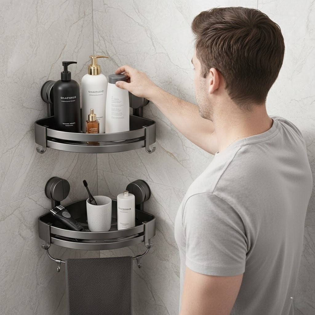 Heavy-Duty No-Drill Aluminum Corner Shower Shelf – Strong Suction Wall Organizer