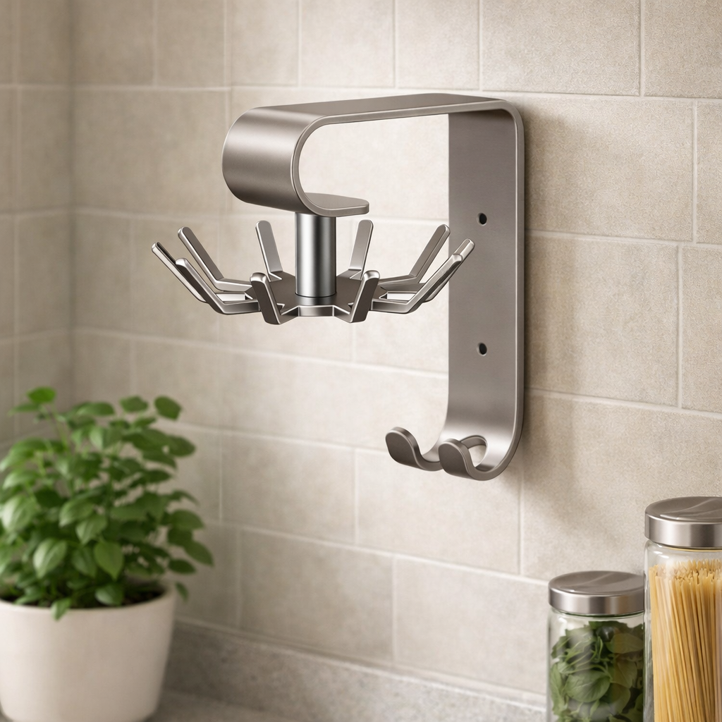 No-Drill 360° Rotating Wall Hook Rack – Heavy-Duty Kitchen Utensil Organizer