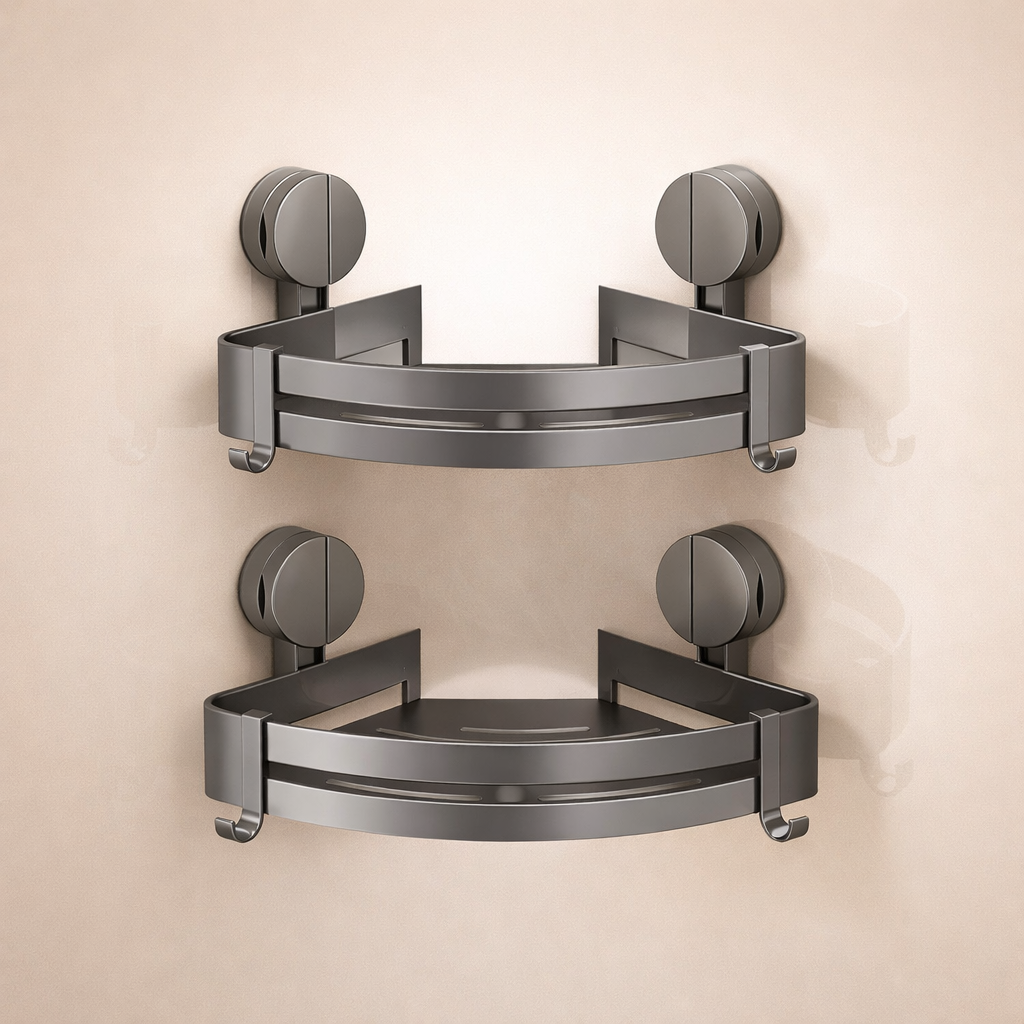 Heavy-Duty No-Drill Aluminum Corner Shower Shelf – Strong Suction Wall Organizer