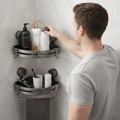Heavy-Duty No-Drill Aluminum Corner Shower Shelf – Strong Suction Wall Organizer
